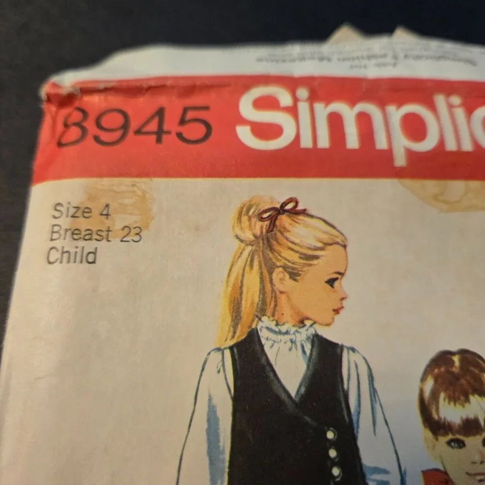 Simplicity 8945 sewing pattern girls front wrap jumper dress size 4 70s UNCUT